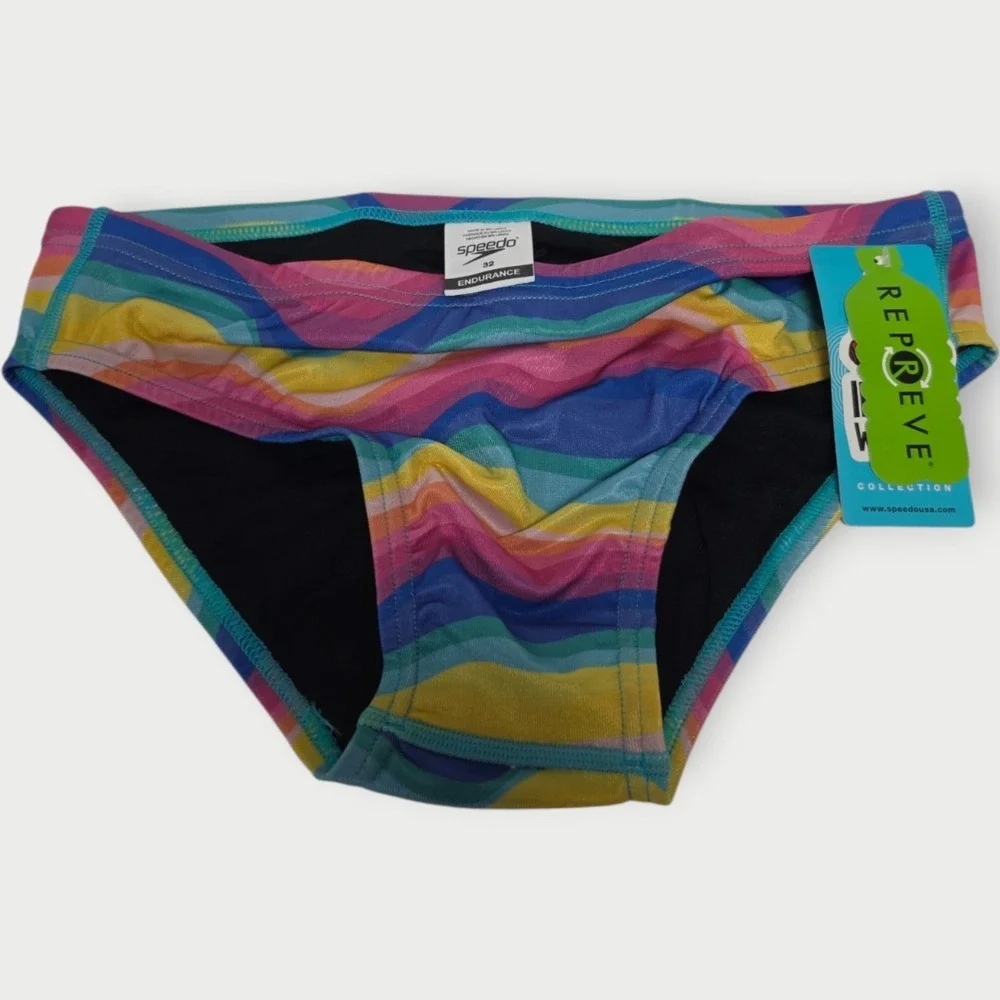 New Speedo Mens Size 32 Vibe Rainbow Wave Swim Brief Trunks Eco Endurance TAGS